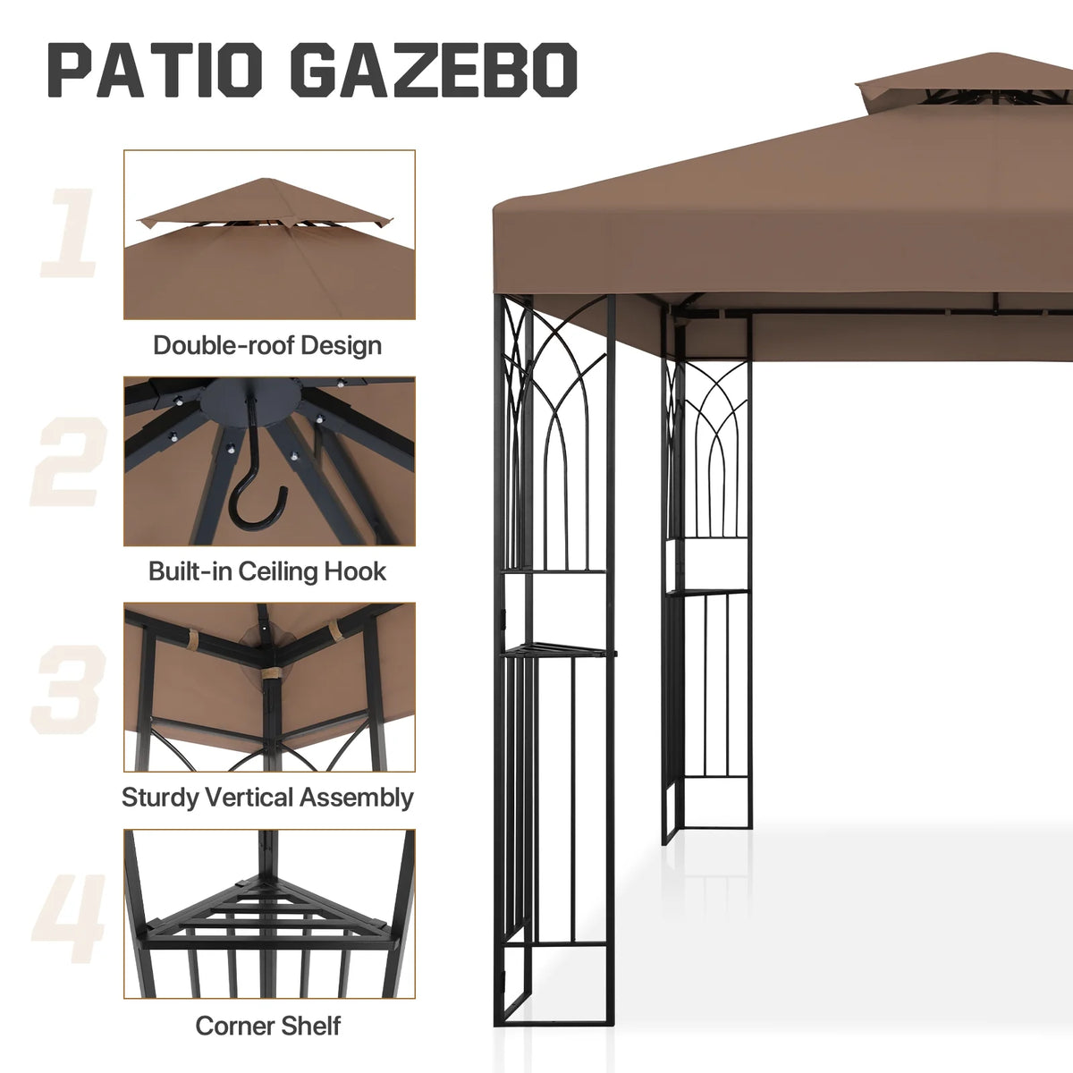 COOS BAY 8x8 Outdoor Patio Gazebo with Corner Shelves, Two-Tier Soft Top Canopy for Backyard, Lawn, Deck and Garden, Gray