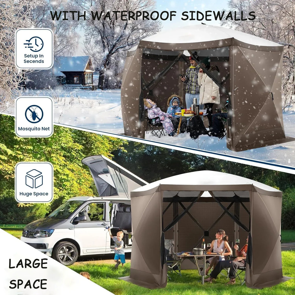 COBIZI 12x12ft Pop-up Gazebo Screen Tent Screen House with sidewalls and Mosquito Netting for Camping, Waterproof, UV Resistant, EZ Set-up Party Canopy with Carrying Bag and Ground Stakes, Brown
