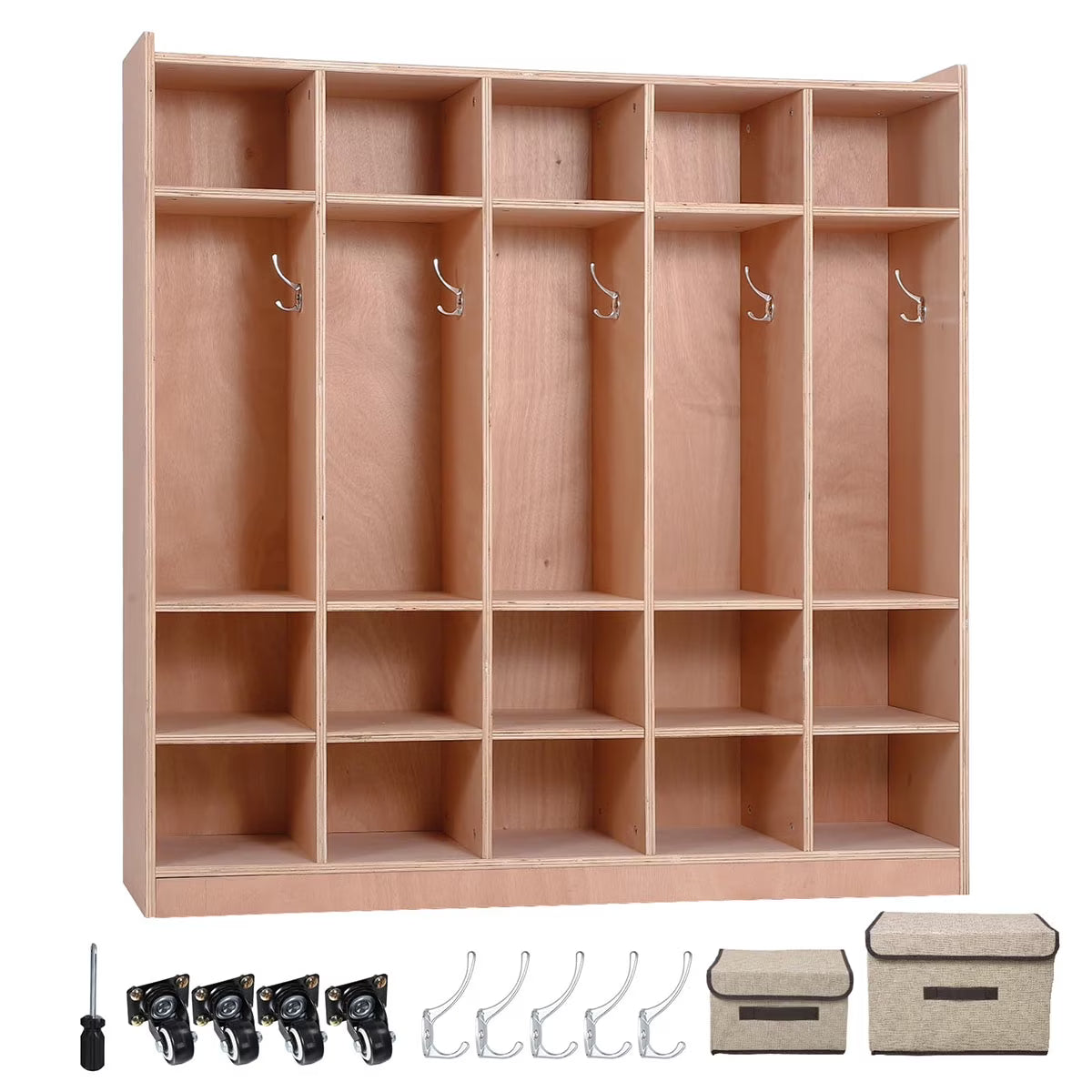 Ataucjin 5-Section Classroom Coat Locker, 20 Cubbies for Classrooms, Daycare Cubby with 4 Casters, 5 Hooks and 2 Storage Boxes, for Home, School, Kindergarten