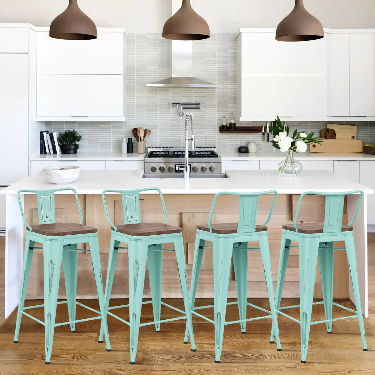 Andeworld Bar Stools Set of 4 Counter Height Stools Industrial Metal Barstools with Wooden Seats( 24 Inch, Distressed Green Blue)