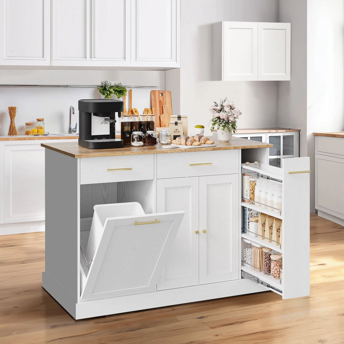 DreamCurship 52" Kitchen Island with Storage, Rolling Kitchen Cart Island with Wheels, Tilt Out Kitchen Trash Cabinet 10 Gallon Storage, 3 Large Spice Racks and 2 Drawers, White