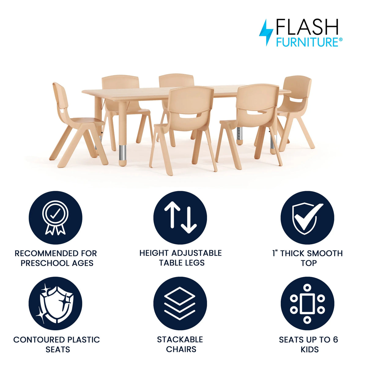 Flash Furniture Emmy Rectangular Adjustable Activity Table with 6 Stacking Chairs, Natural