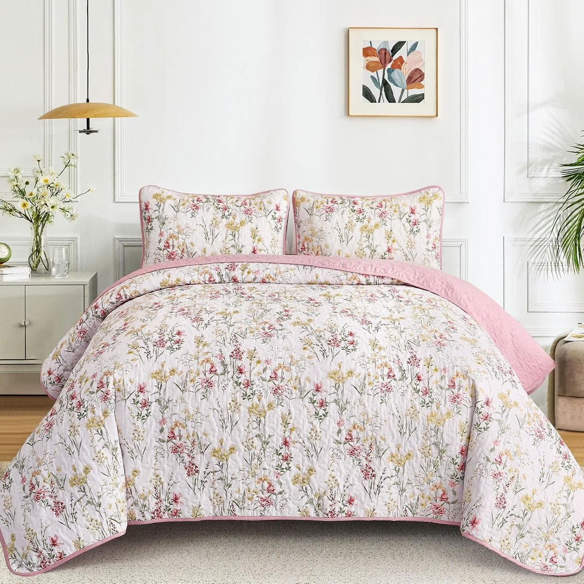 King Size Quilt Set, Pink Floral Pattern Quilt Bedding Set King, 3 Pieces Botanical Quilt Soft Microfiber Bed Coverlet for All Season(104" x 90")