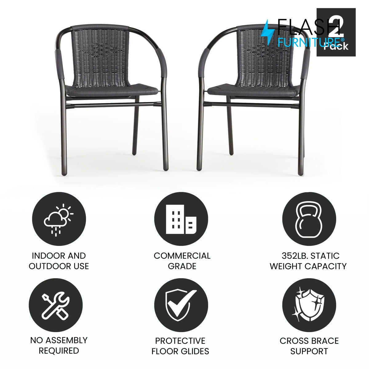 Flash Furniture Lila Indoor/Outdoor Stacking Rattan Patio Chairs, Set of 2, Beige