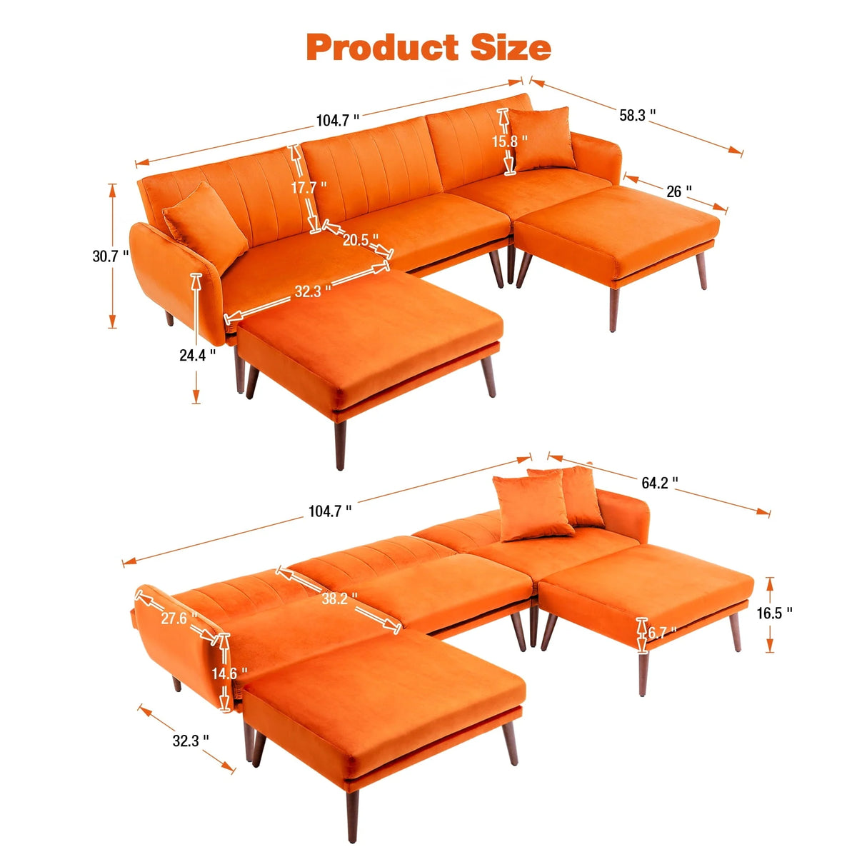 JOMEED Convertible Sectional Sofa Couch, Modern Oversized Velvet Fabric U-Shaped Couch Sofa Bed with Adjustable Backrest for Living Room, Apartment