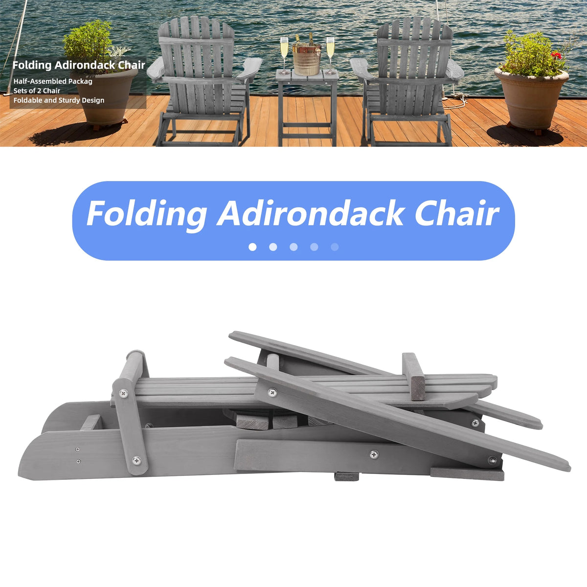 uhomepro Outdoor Adirondack Chairs Set of 2, Folding Fire Pit Chair, Weather Resistant Patio Lawn Chair for Outside Deck Garden Backyard Balcony, Gray