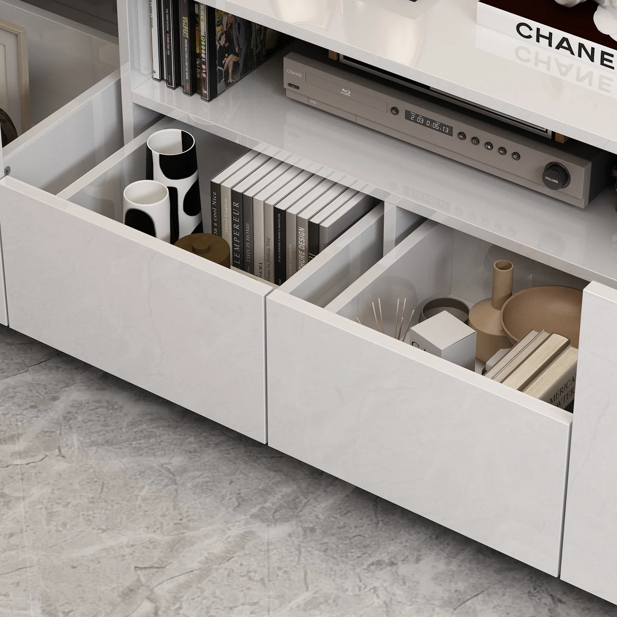 KULAGAGA Entertainment Center with LED Lights, High Gloss TV Stand with 2 Storage Drawer and Open Shelves for Living Room