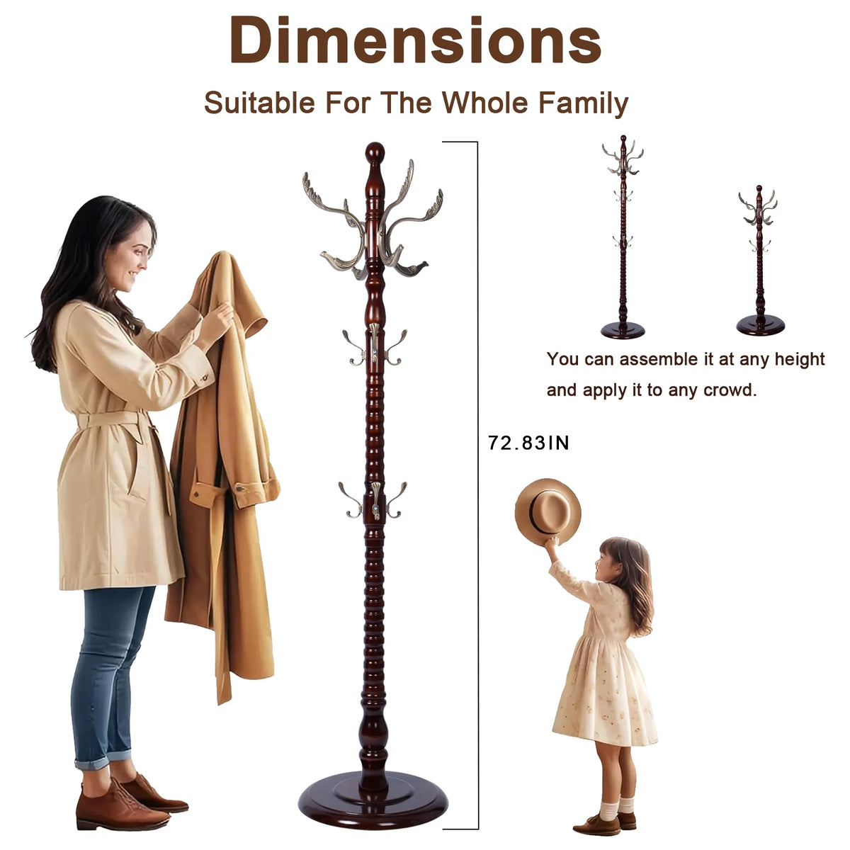 Coat Rack Freestanding, Hall Tree with 11 Hooks, Heavy Duty Wooden Coat Tree Stand, Adjustable Height, Sturdy Base for Bedroom Hallway Office - Load 270lbs