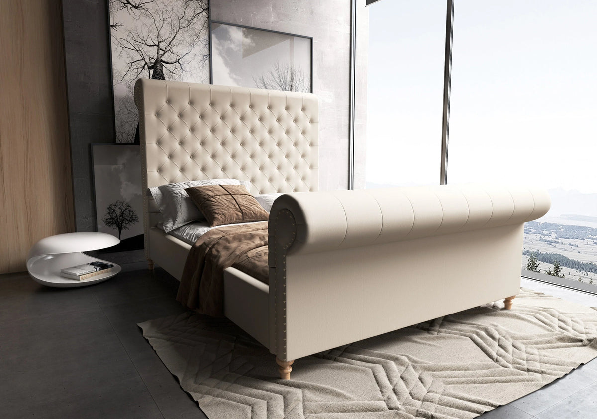 Manhattan Comfort Empire Fabric Upholstered Queen Bed Frame in Cream
