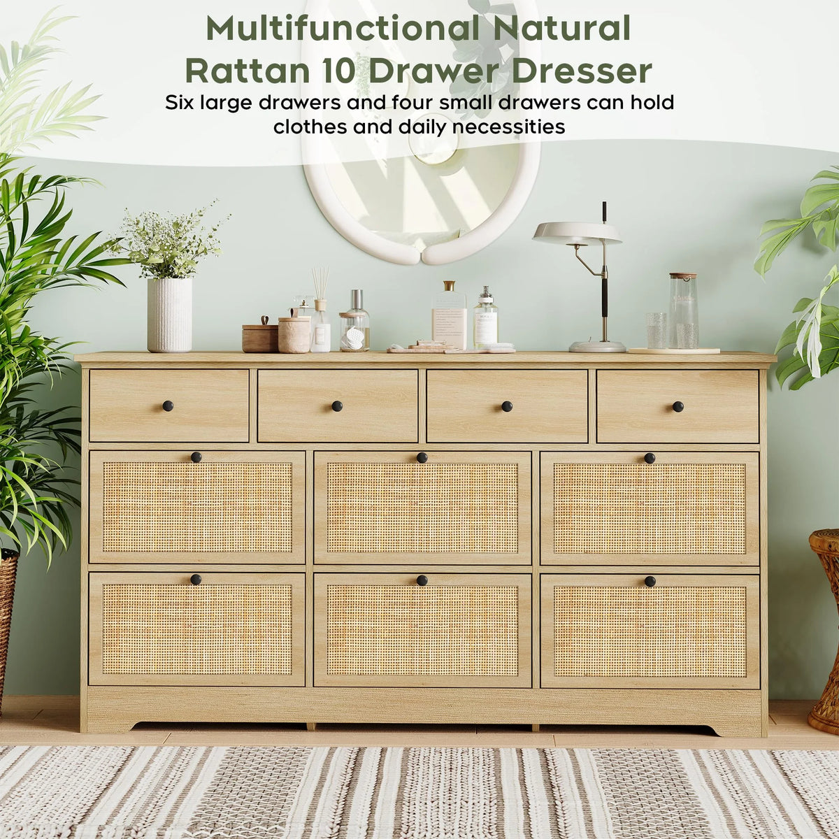 Brafabhome Rattan 6 Drawers Dresser for Bedroom, Vintage Boho Double Dresser Wicker Chest with Wooden Legs for Living Room Hallway| Mint