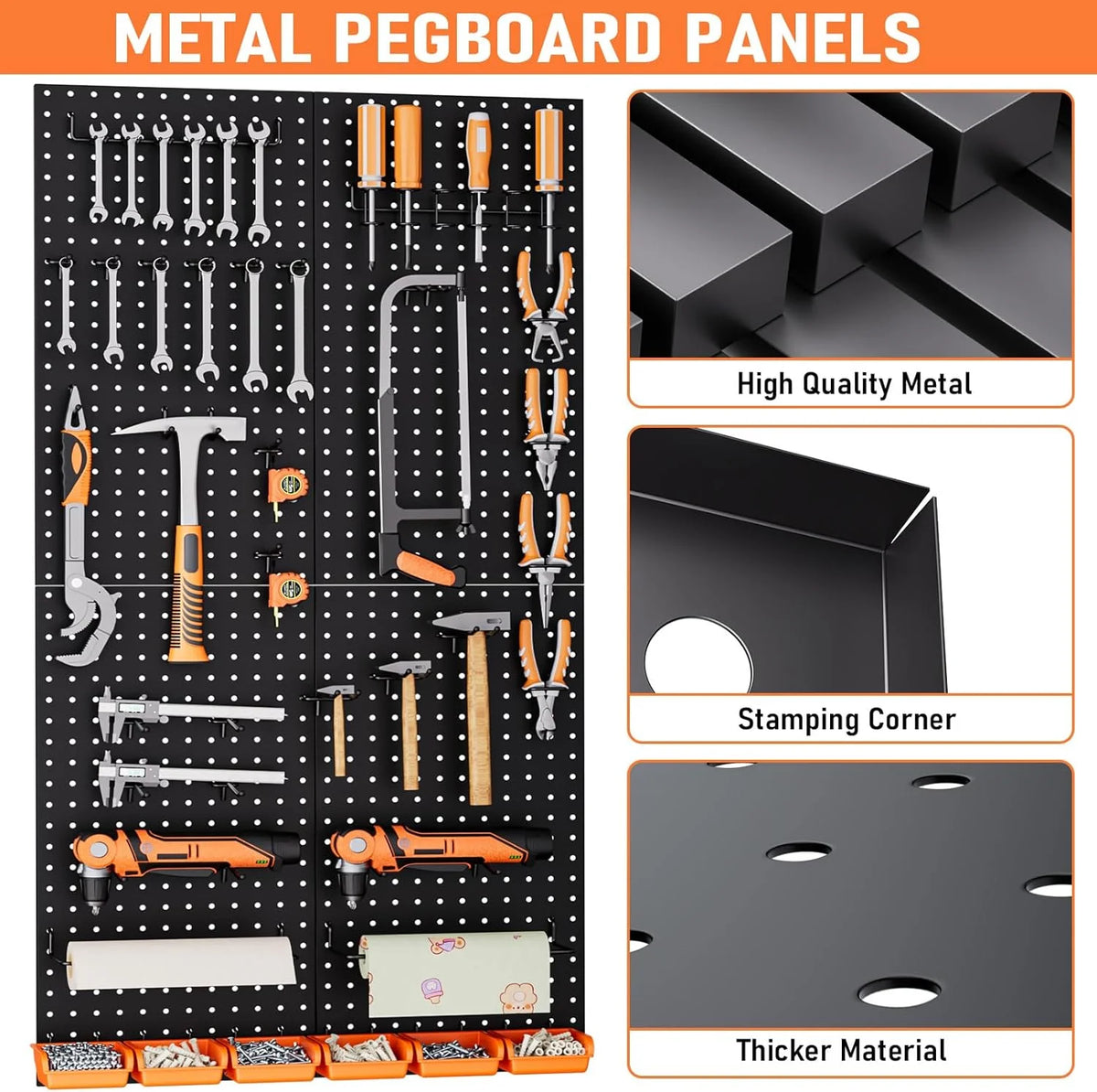 48x24 Inch Metal Peg Board Kit with 1/4" Pegboard Hooks Accessories, 160PCS Black Pegboard Wall Organizer Pegboard Panels Tool Organizer Storage System for Garage Workbench Shed