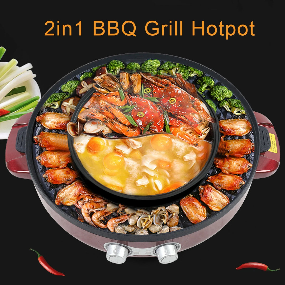 FETCOI 2200W Grill and Hot Pot BBQ Grill Pot 2 in 1 Household Electric Grill Barbecue Plate 3.6 L suitable for 2-5 people 110V
