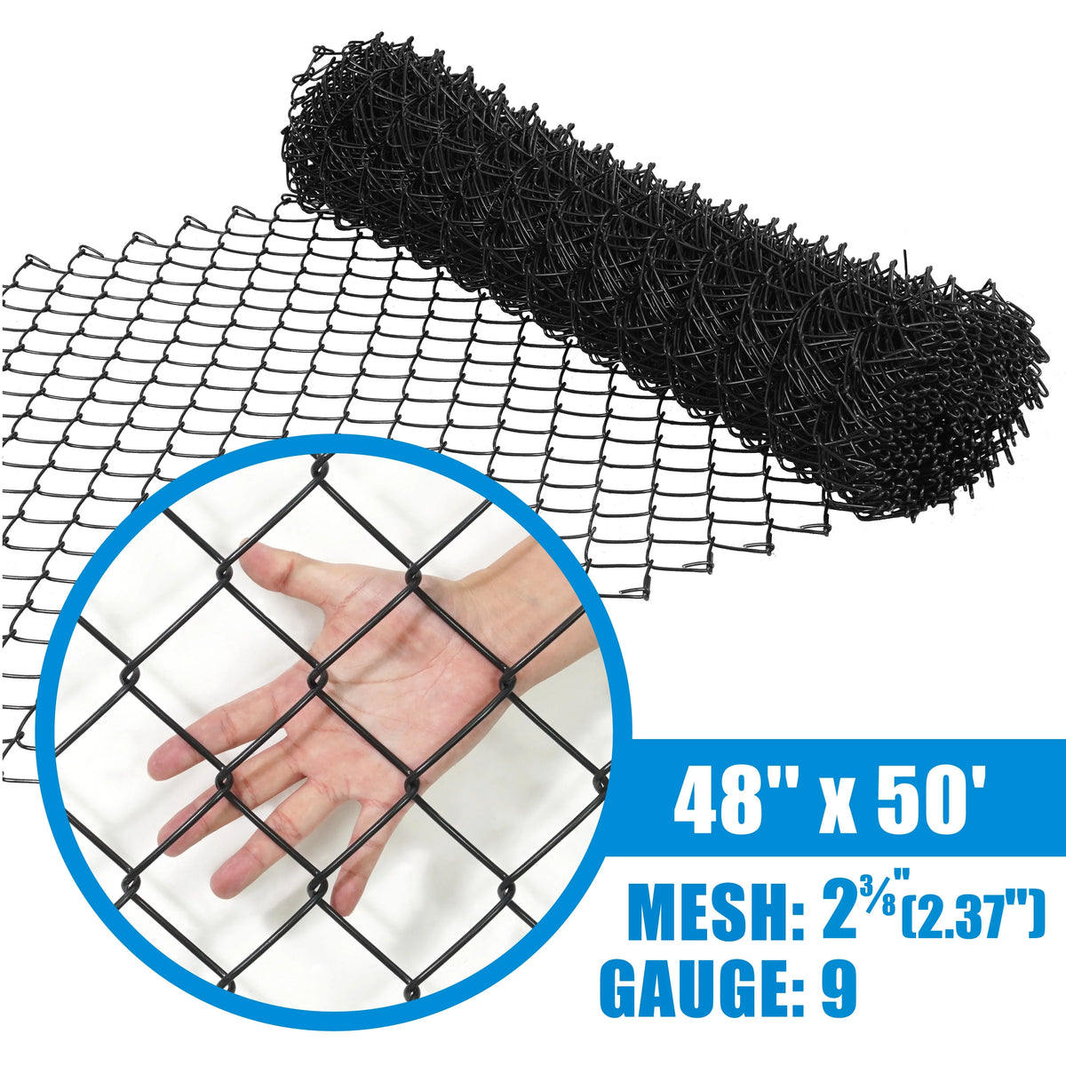 Fencer Wire 9 Gauge Black Vinyl Coated Galvanized Steel Chain Link Fence Fabric, Diamond Mesh Size 2-3/8 Inch, Galvanized&nbsp;Fencing Wire Roll for Garden and Animals Enclosure (6ft. x 50ft.)
