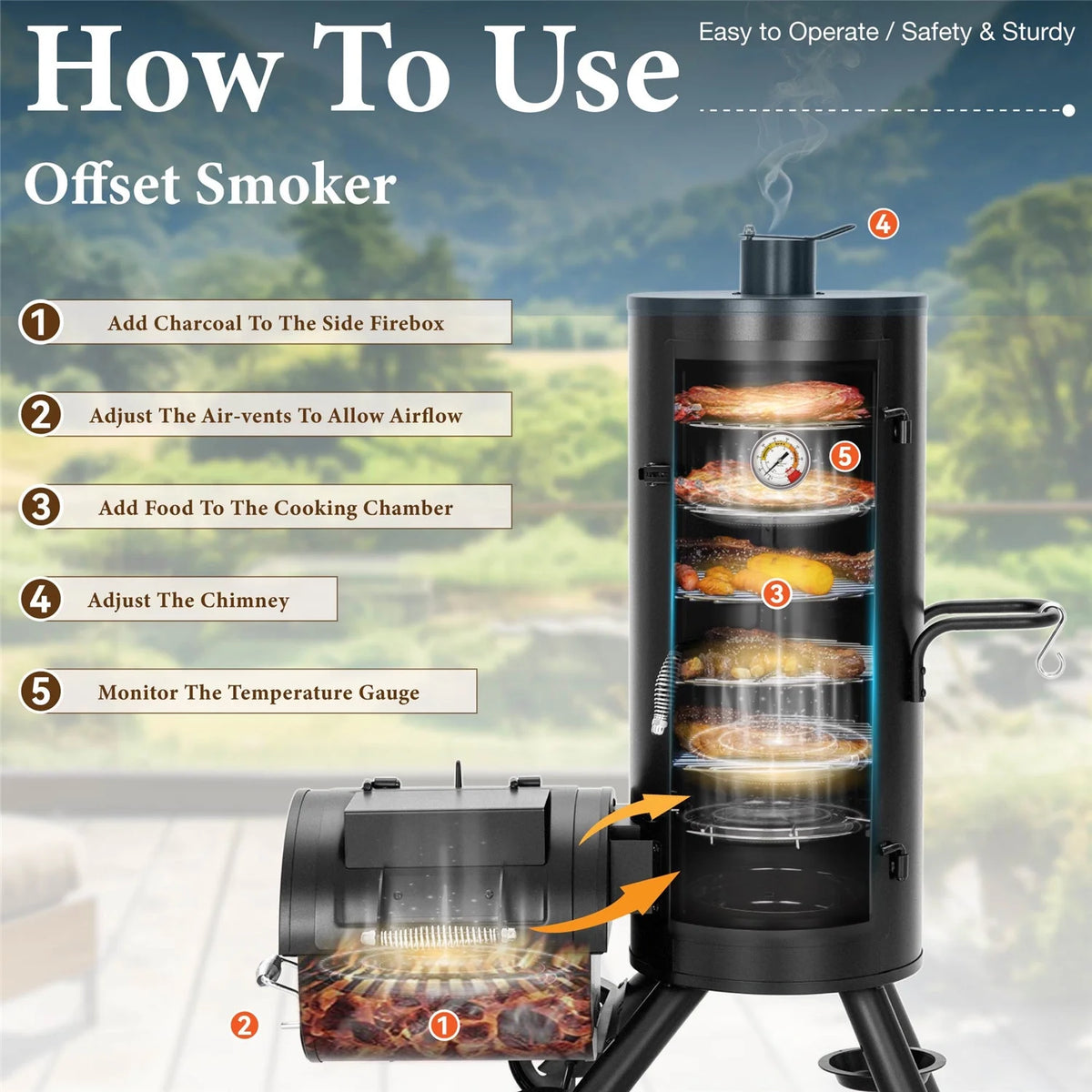 Summit Living Vertical Charcoal Smoker Grill with Offset Smoker 961 sq.in. Extra Large BBQ Grill - Black