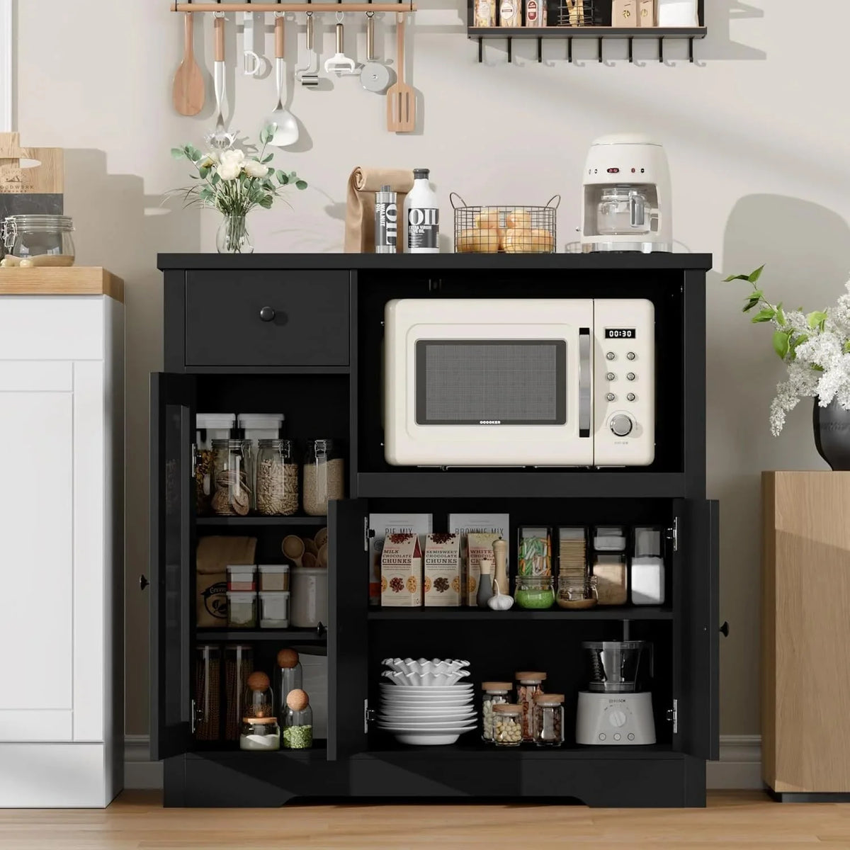 Kitchen Microwave Cabinet with Storage,Buffet Sideboard with 3 Doors, 1 Drawer & Adjustable Shelves, Pantry Storage Cabinet, White