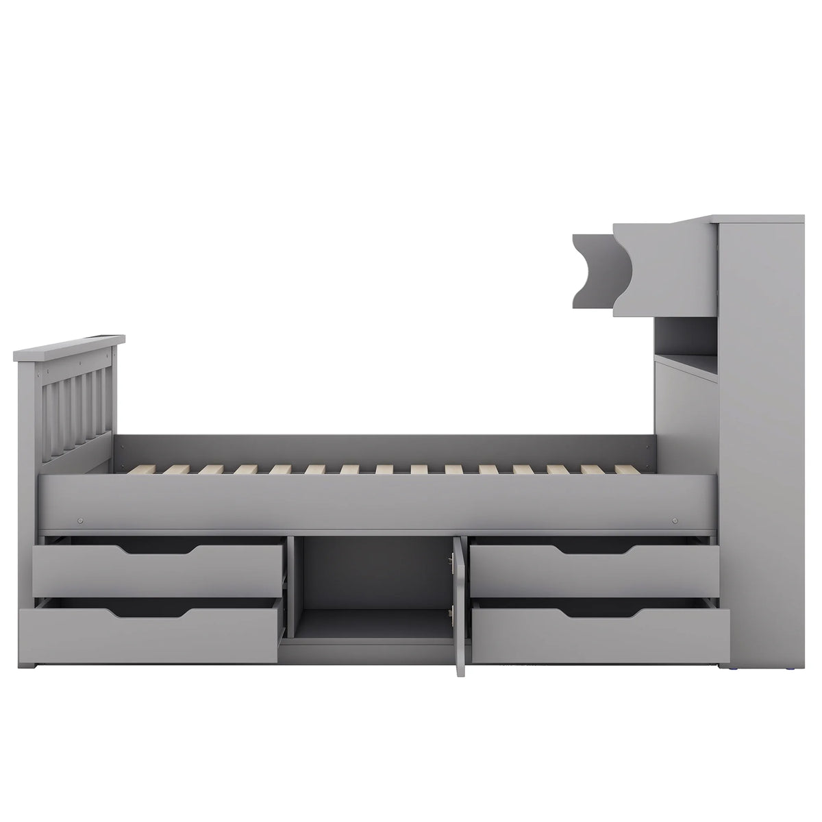 Euroco Wood Twin Size Platform Bed with Storage Headboard, Captain Bed with 4 Drawers, Bookcase and Cabinets, Gray