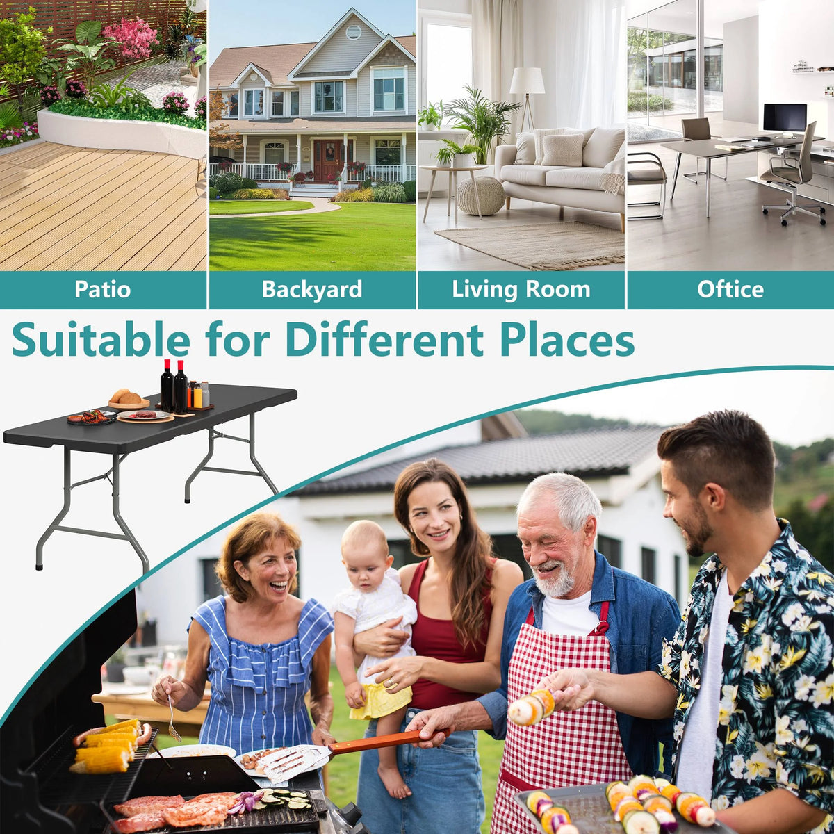 Harigal 8ft Folding Table Portable Fold-in-Half Design with Handle, Large Folding Table for Indoor Outdoor Events, Black
