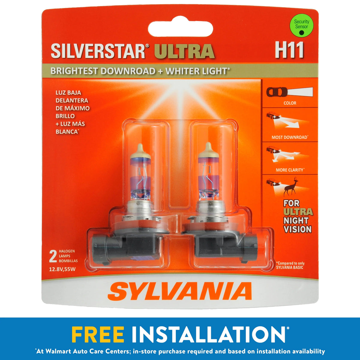 Sylvania H11 SilverStar Ultra Halogen Headlight Bulb, Pack of 2.