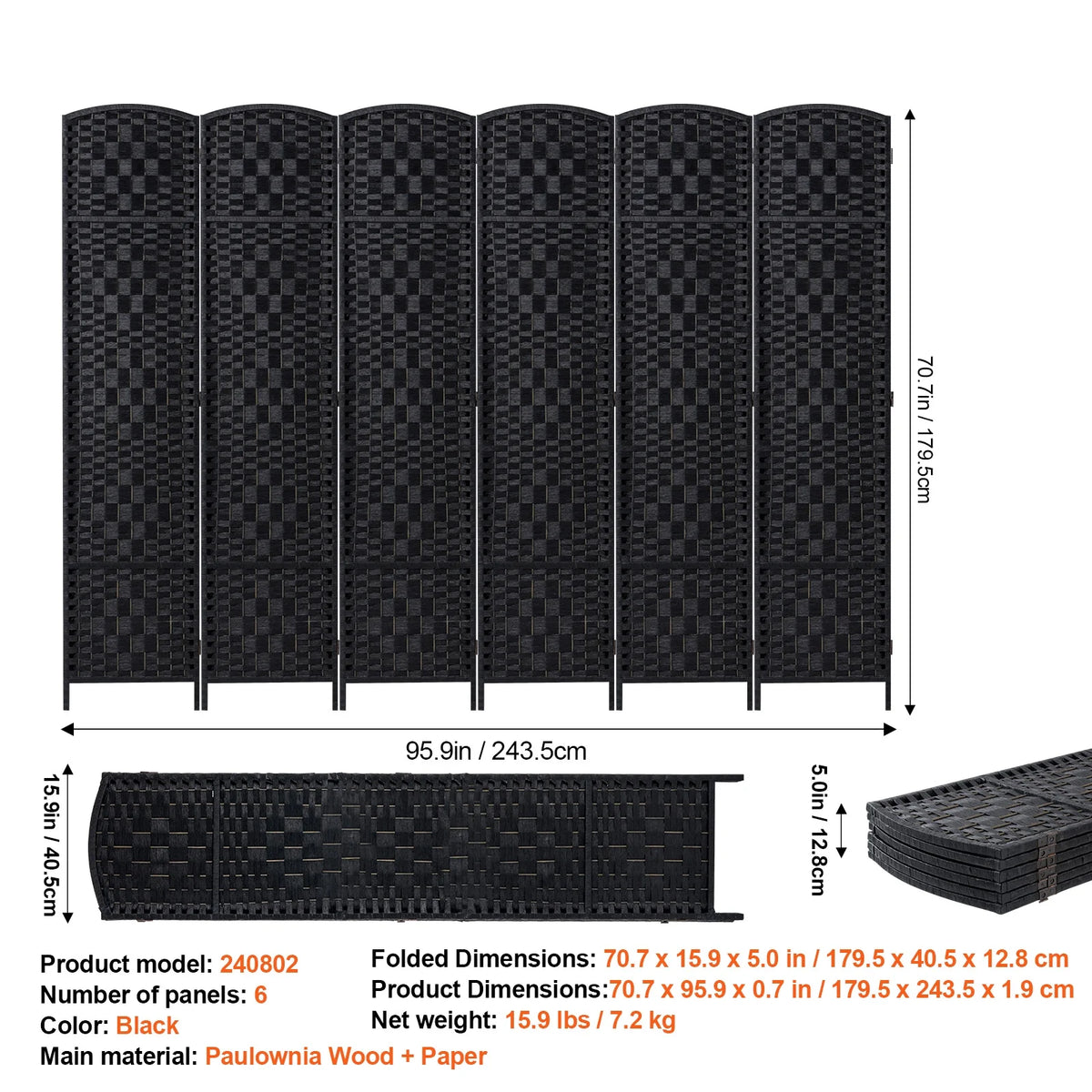 KFFKFF 6-Panel Room Separator, Crafted Folding Privacy Barriers with Connectors, Movable and Self-Supporting Space Dividers and Wall Separator for Space Delineation, Black