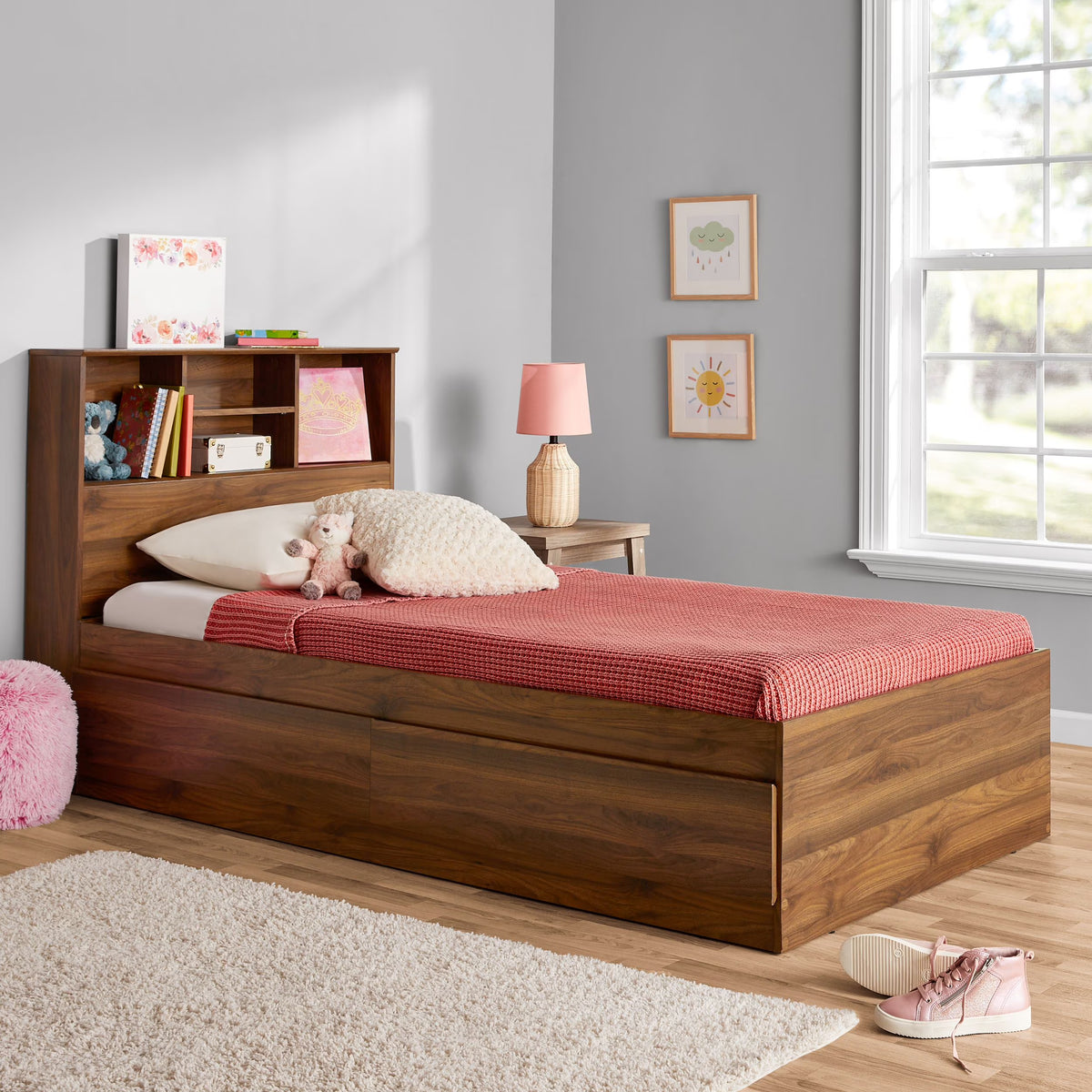 Your Zone Easy to Assemble Storage Bed with Bookcase Headboard, Twin, Natural Teak Finish