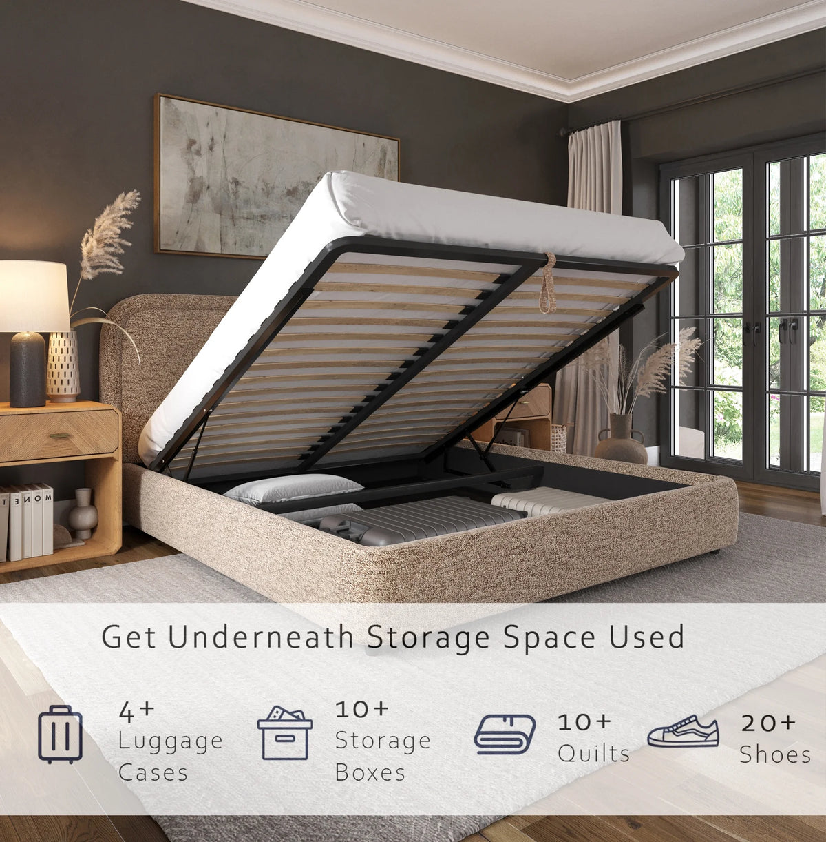 Modern Upholstered Platform Bed with Lift-Up Storage, Headboard, Wood Slats, Noise-Free