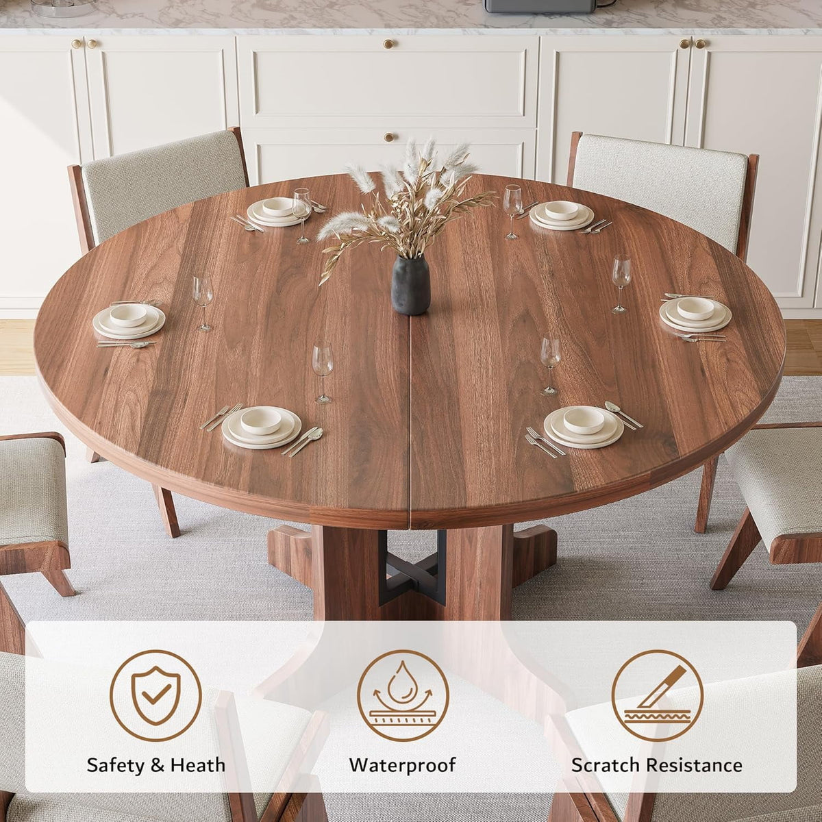 iPormis 59" Extendable Round Dining Table for 6, Modern Kitchen Table with Sturdy Wooden Base, Dining Room Table with Thickened MDF Board, Perfect for Small Space, Black