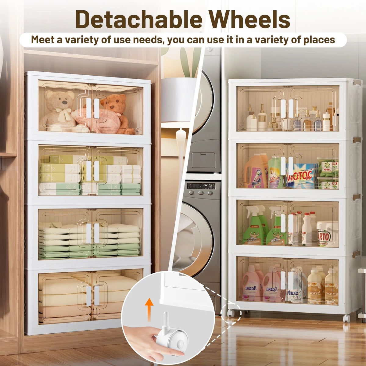 AZULLIA 290QT Stackable Plastic Collapsible Storage Bins with Lids, Wheels, Doors, 5 Pack GS01