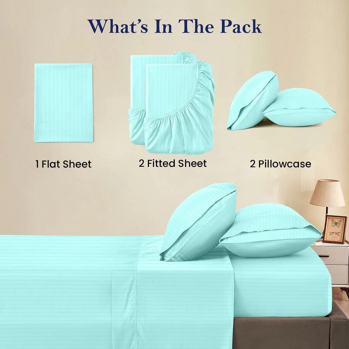 5-Piece Split Queen Sheet Set, 800 Thread Count, 100% Egyptian Cotton, Color Aqua Blue Stripe Pattern, Fits 16-Inch Deep Mattresses
