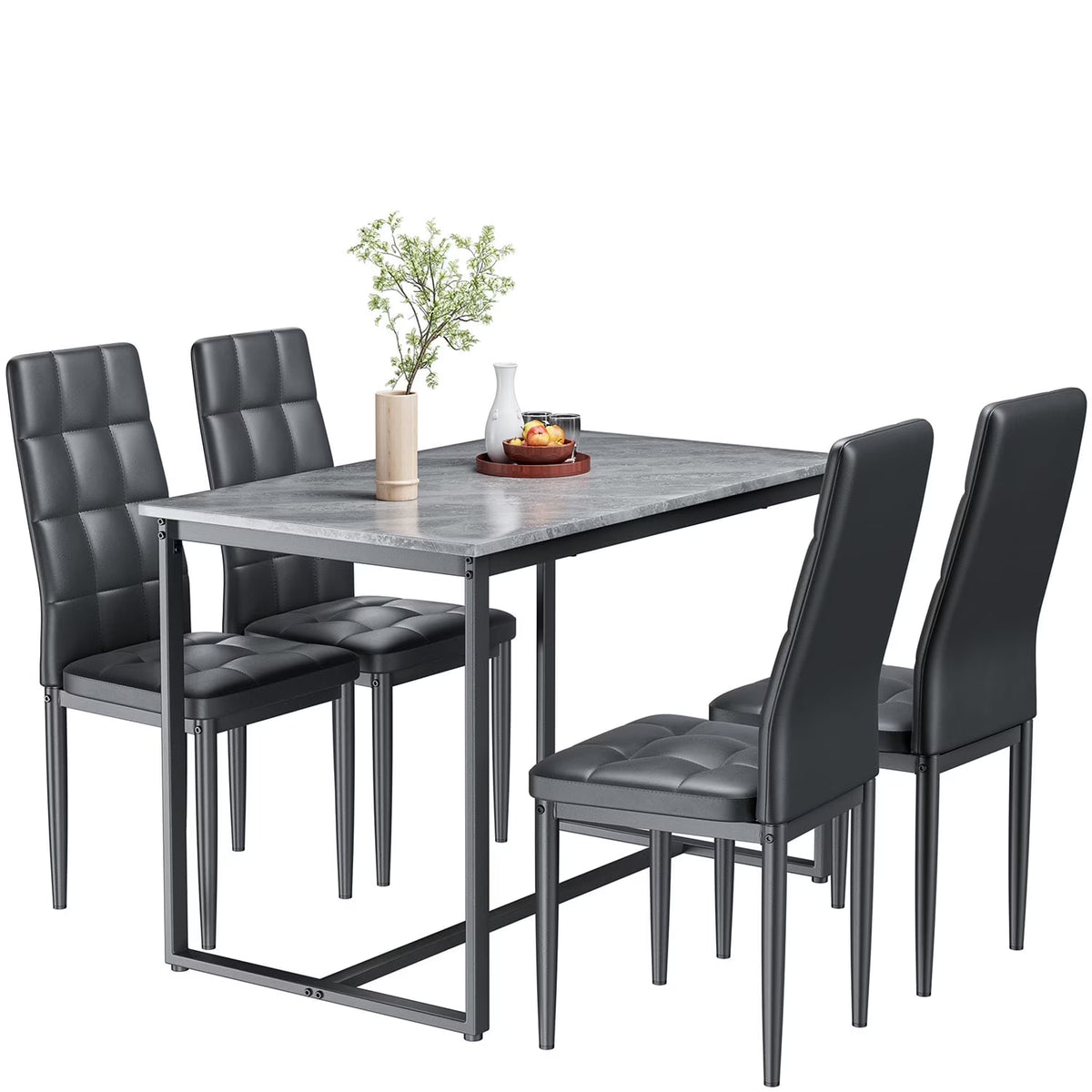 Seizeen Solid Wood Kitchen Table and Chairs, Dining Room Table Set for 4 with Gray Upholstered Chairs, Wood Grain Table Heavy-Duty Frame, Rustic Minimalist Style Breakfast Nook Set