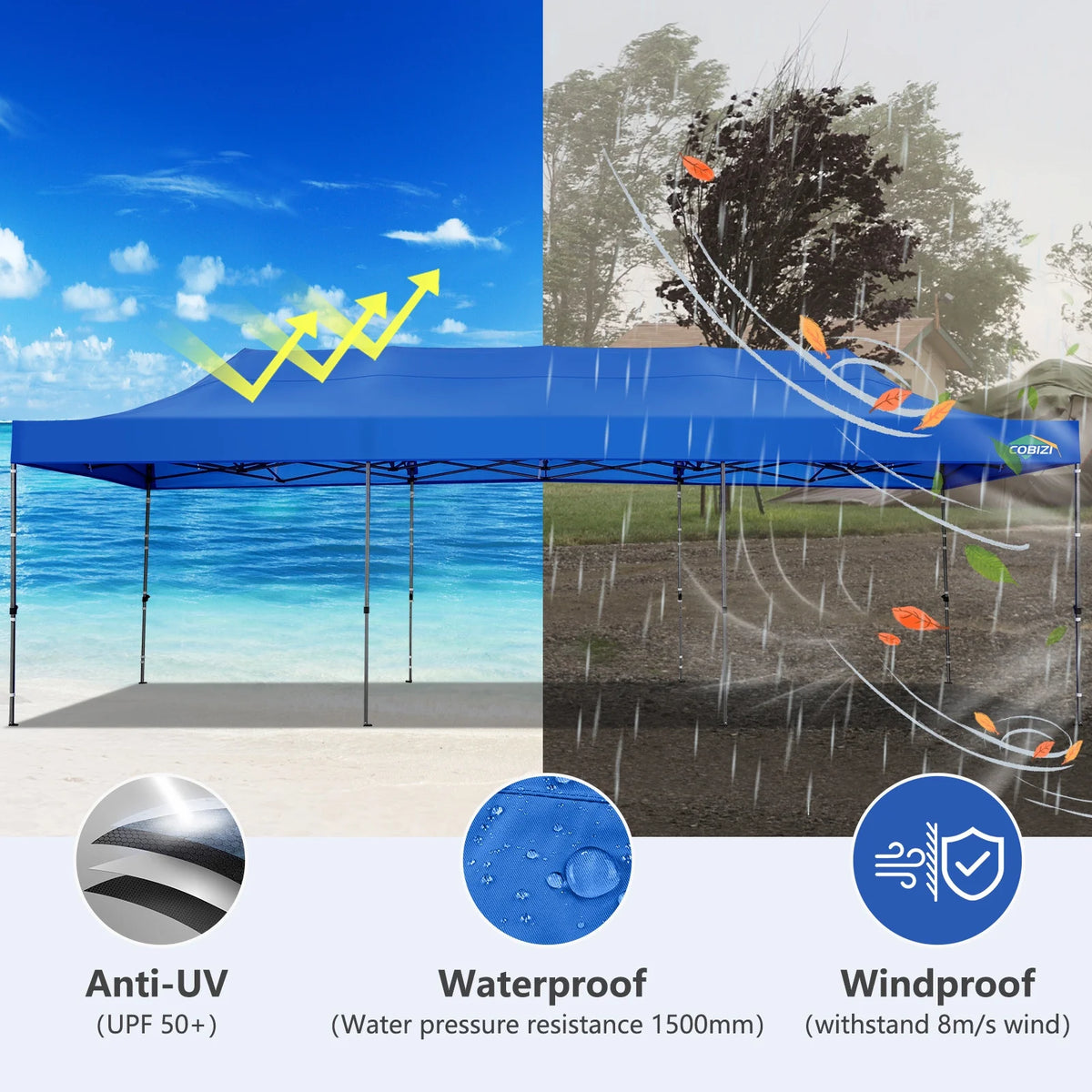 COBIZI 10x10 Heavy Duty Pop-up Canopy Tent for Outside, UPF 50+ Waterproof and Instant Outdoor Shelter, Outdoor Canopy for Beach,Party,Camping with Rope,Stake and Carrying Bag,White(Frame Thickened)