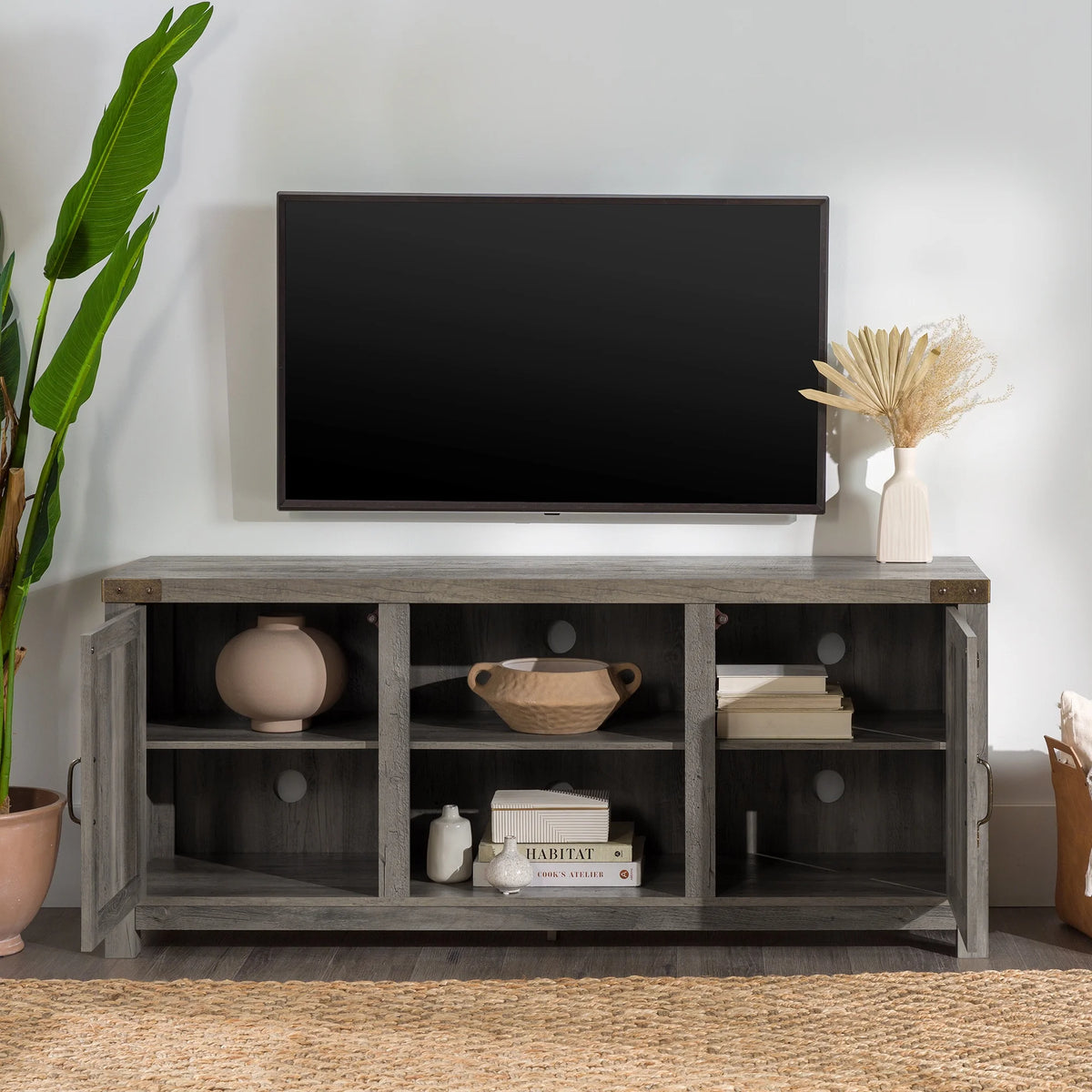 Walker Edison Modern Farmhouse Barn Door TV Stand for TVs up to 65", Grey Wash