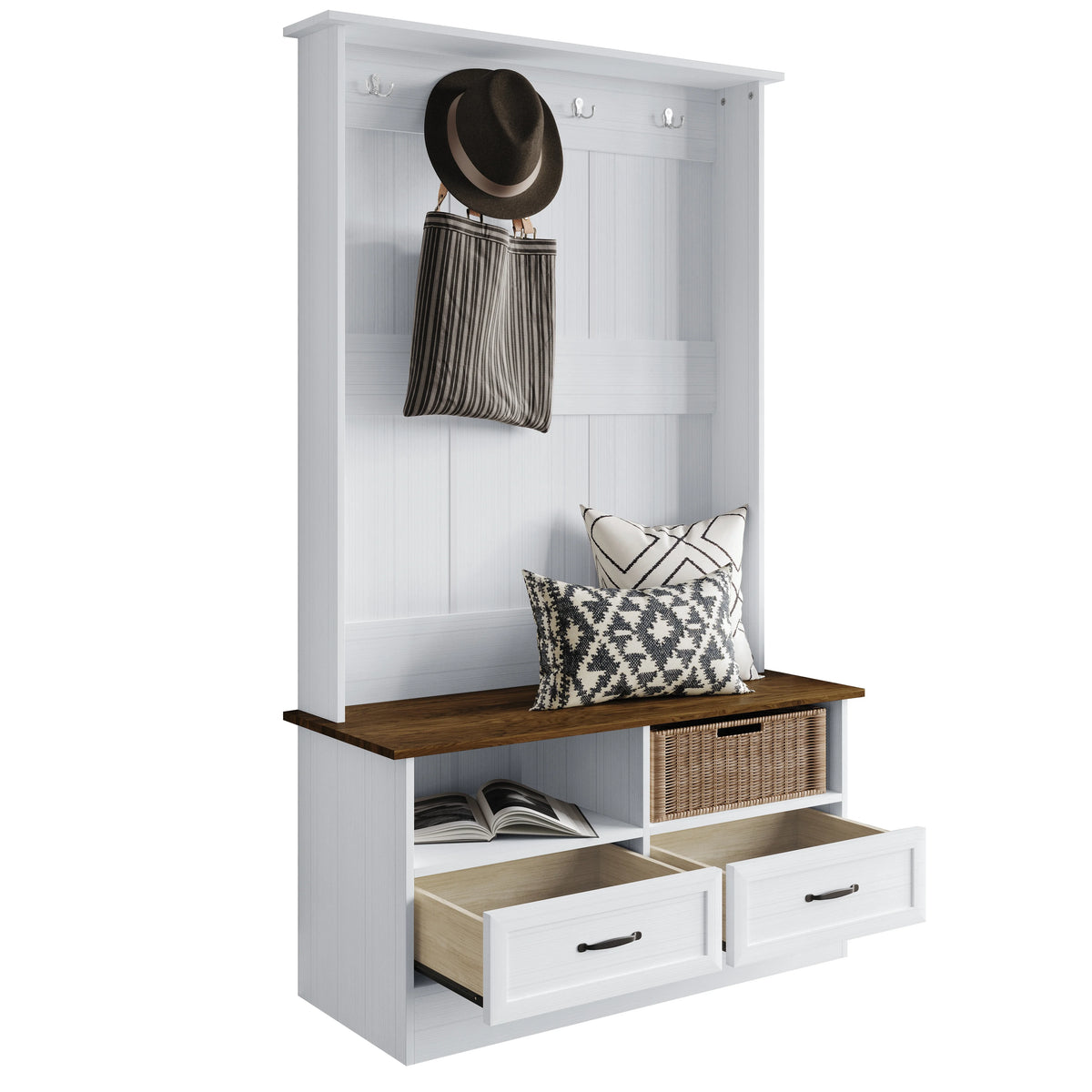 Castle Place Contemporary Hall Tree with Storage Cabinet, White