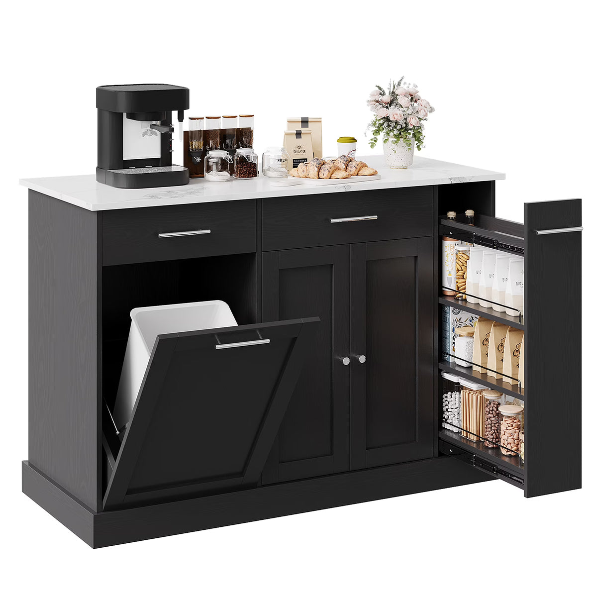 DreamCurship 52" Kitchen Island with Storage, Rolling Kitchen Cart Island with Wheels, Tilt Out Kitchen Trash Cabinet 10 Gallon Storage, 3 Large Spice Racks and 2 Drawers, White