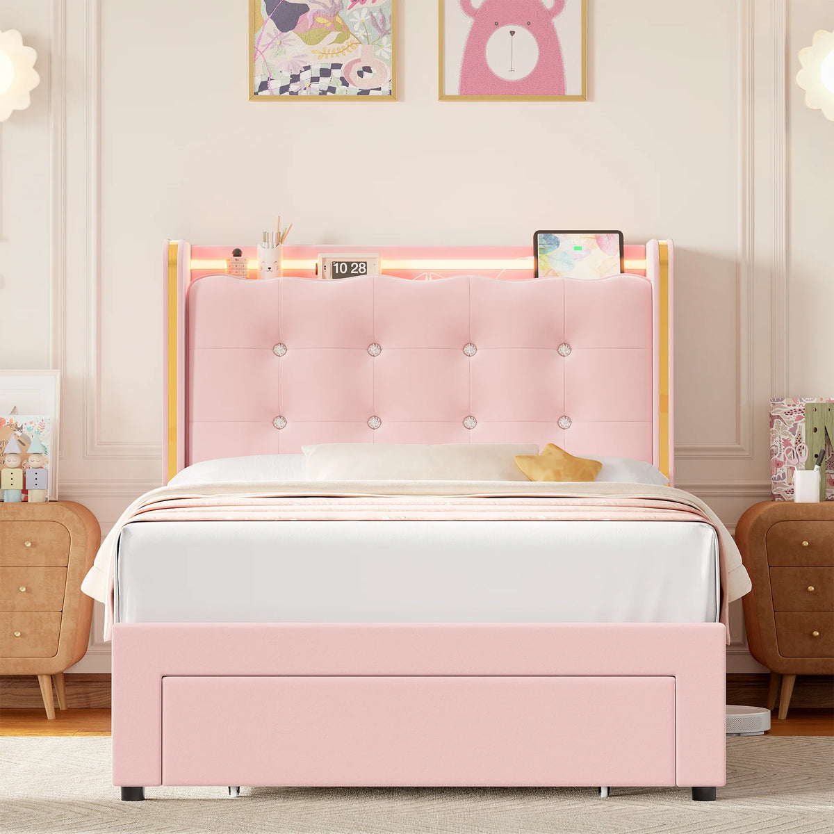 Homfa Twin Size LED Bed Frame with Drawer, Velvet Crystal Button Upholstered Platform Bed Frame with Outlets and USB Ports & Display Platform, No Box Spring Needed, Pink