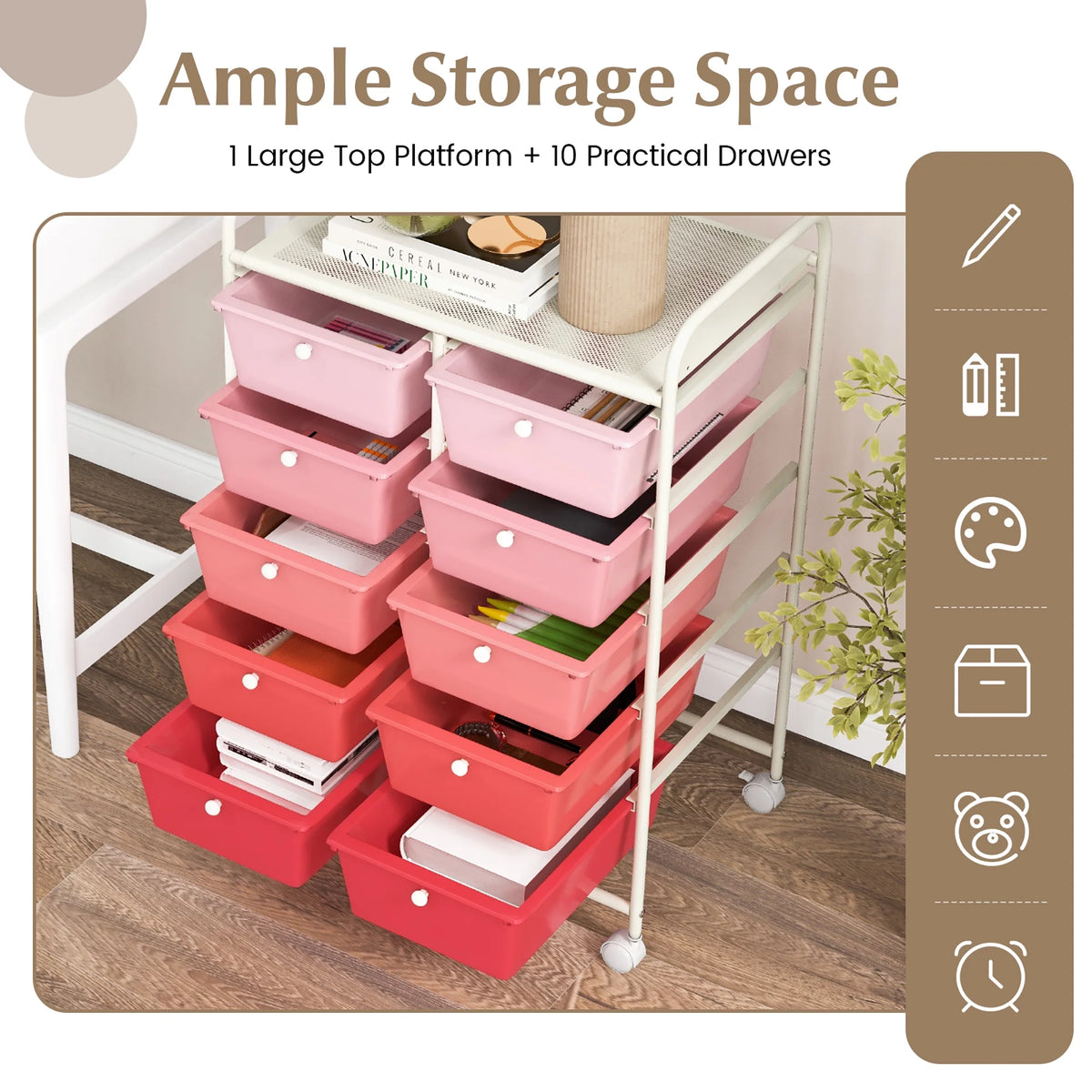Gymax 10-Drawer Rolling Storage Cart Tools Scrapbook Paper Organizer on Wheels Black Gradient