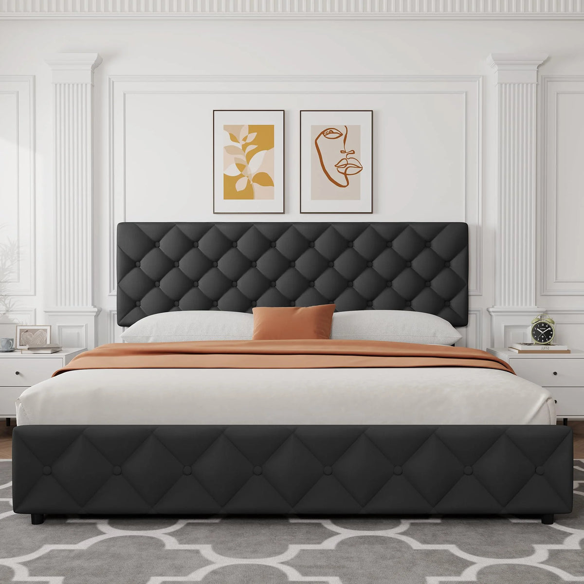 TROPOW Full Size Bed Frame,with 4 Storage Drawers and Adjustable Headboard, Linen Upholstered Platform Bed Frame, Diamond Stitched Button Tufted, No Box Spring Needed,White