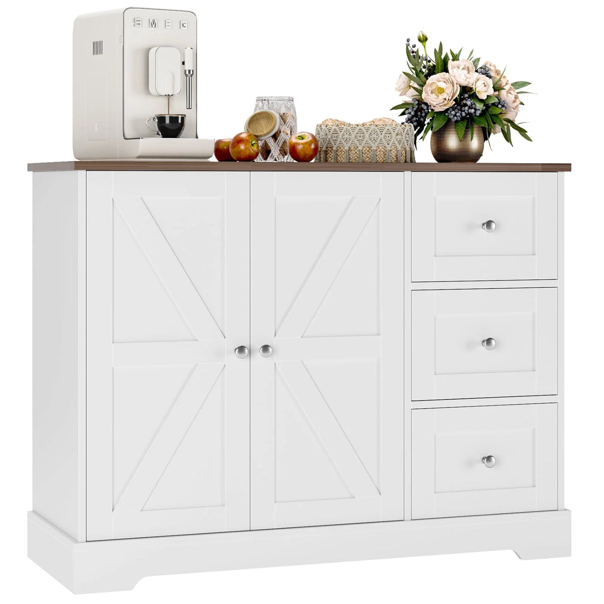 Homfa Farmhouse Buffet Sideboard with 3 Drawers, 2 Door White Wood Credenza Accent Cabinet for Dining Room Living Room