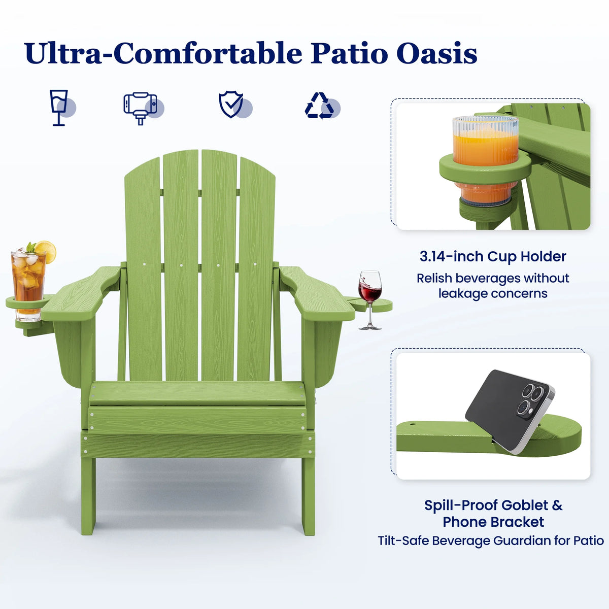 SERWALL Folding Adirondack Chair Set with Dual Cup Holders & Phone Holder, All-Weather HDPE Fire Pit Chairs for Outdoor, Patio, Poolside, Garden - Black