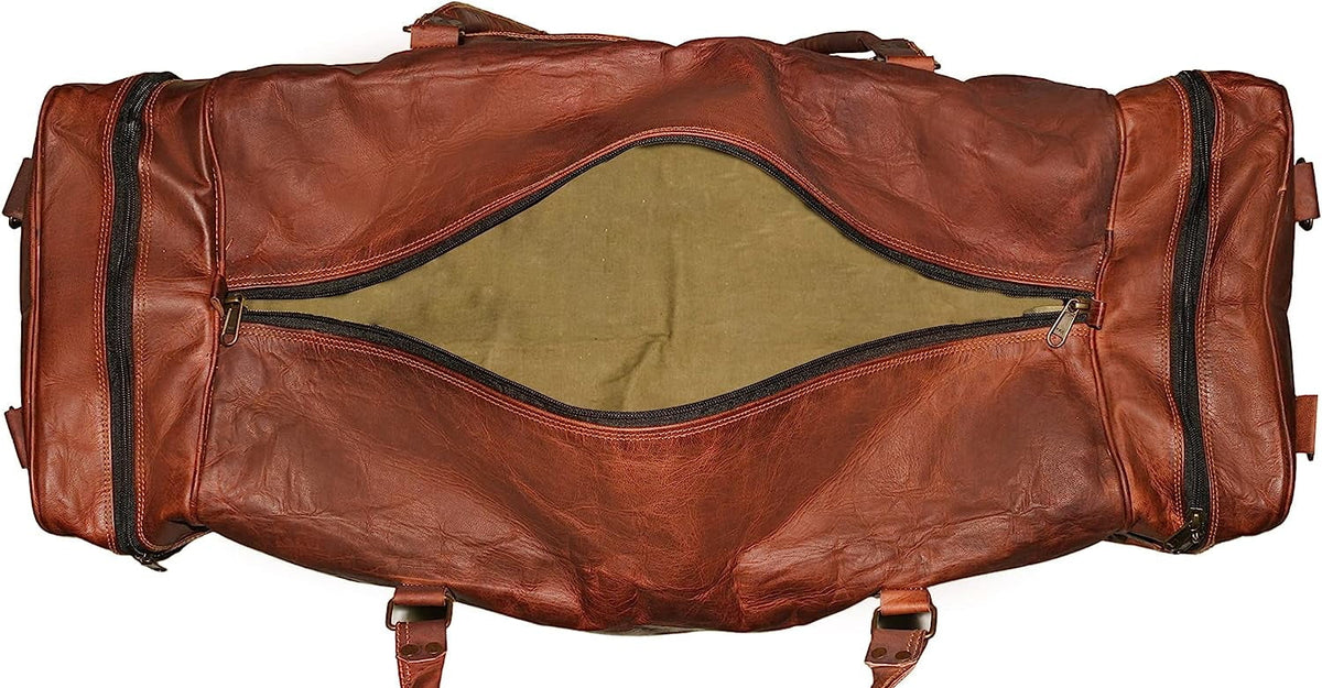Leather Duffel Weekender Bags Inner Canvas Bag Overnight Travel Carry On Tote Bag Satchel with Adjustable Luggage Strap Sleeve for men & women