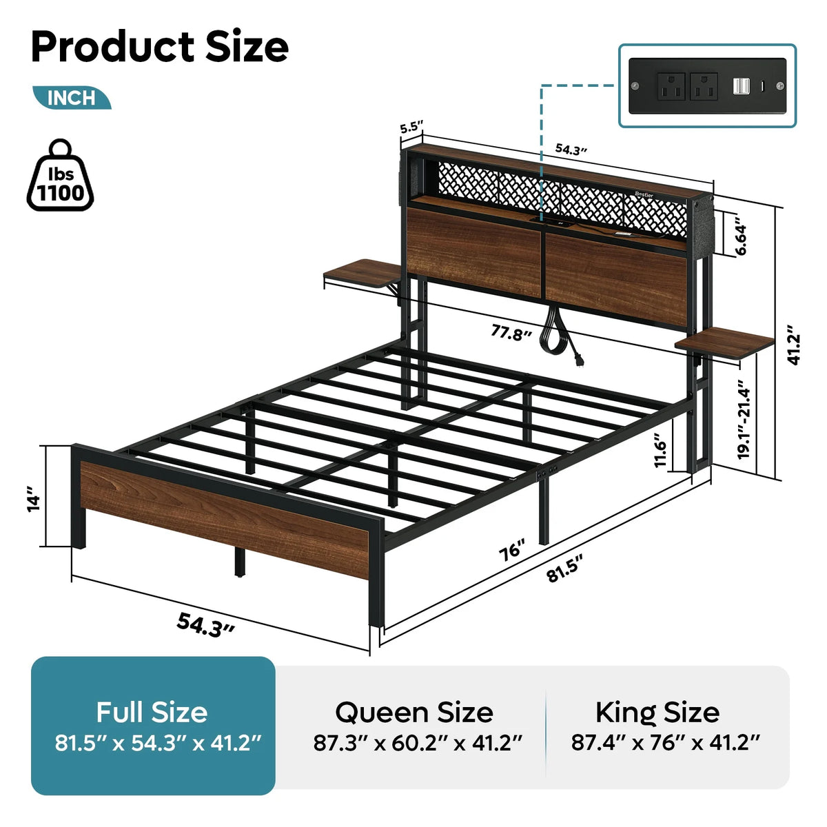 Bestier Queen Size Platform Bed Frame with Wood Foldable Bedside Shelves and LED Storage Headboard Charge Station, Gray