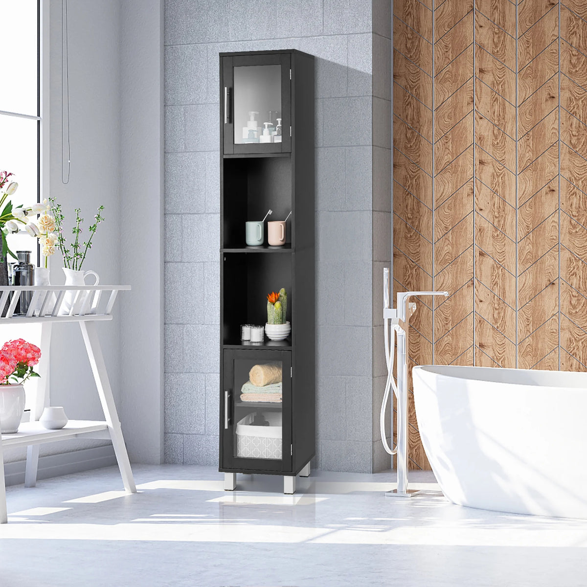 Costway 71'' Tall Tower Bathroom Storage Cabinet Organizer Display Shelves Bedroom Grey