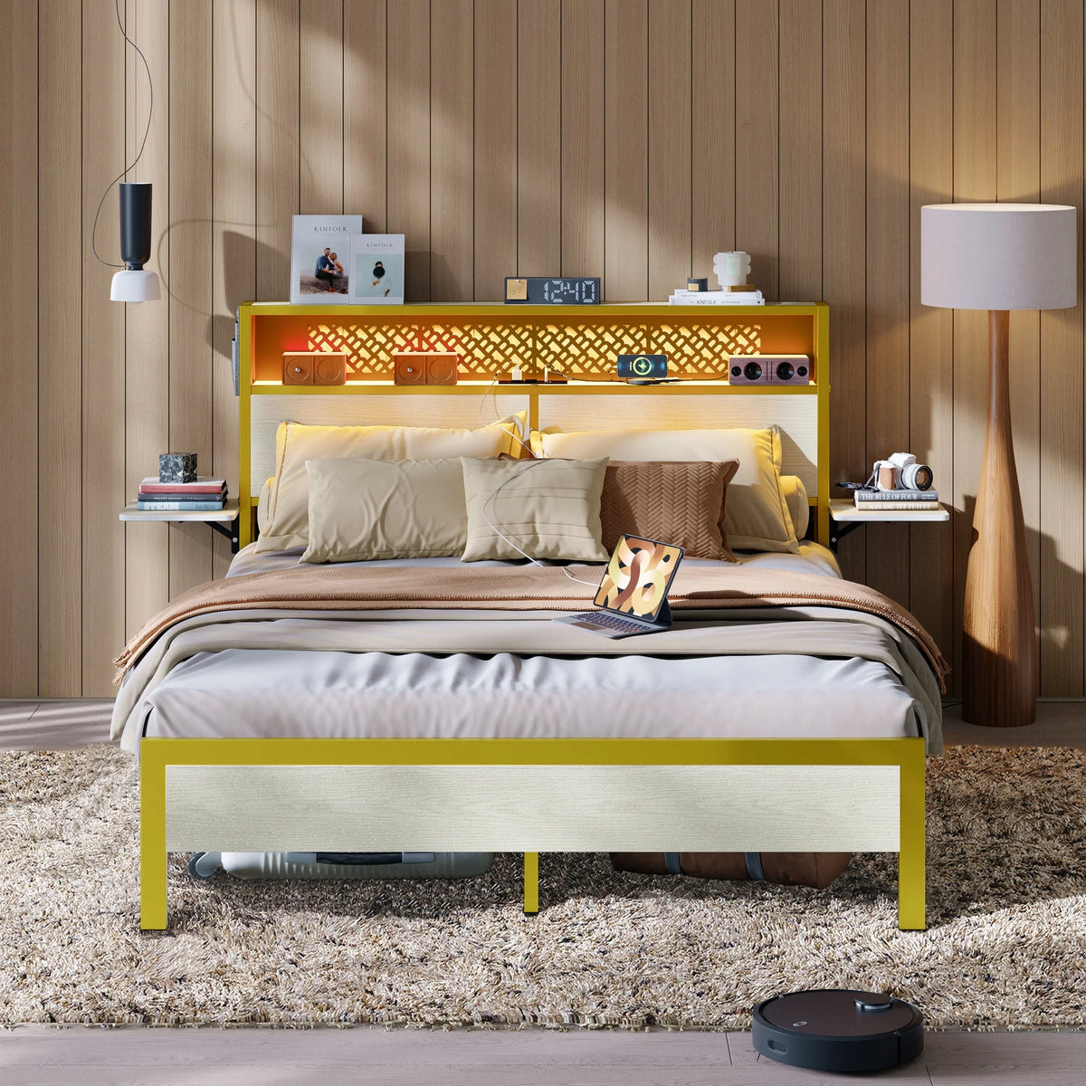 Bestier Queen Size Platform Bed Frame with Wood Foldable Bedside Shelves and LED Storage Headboard Charge Station, Gray