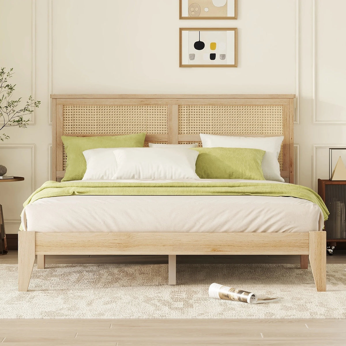 Miniyam Wood Queen Size Bed with with Rattan Headboard for Adult, Brown