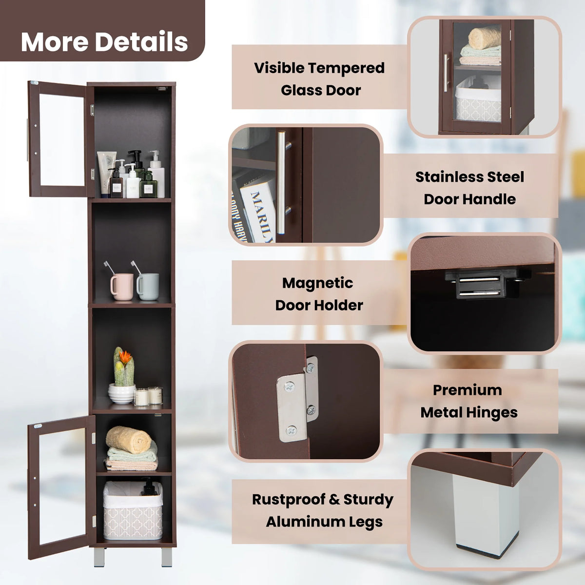 Costway 71'' Tall Tower Bathroom Storage Cabinet Organizer Display Shelves Bedroom Grey