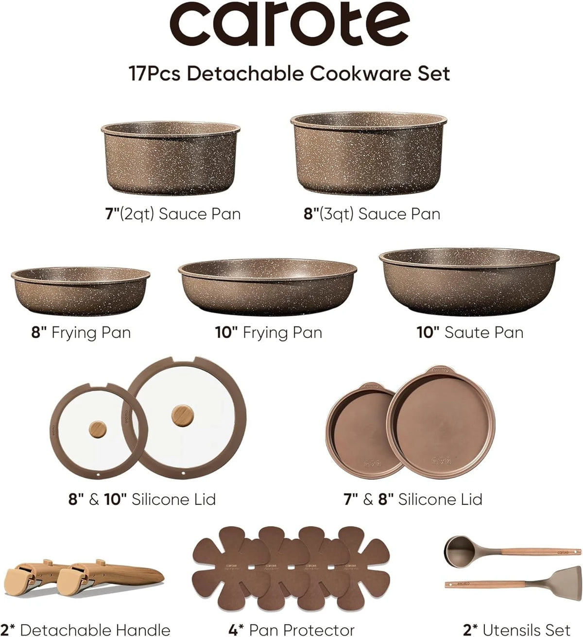 CAROTE 17-Piece Nonstick Cookware Set with Detachable Handle, Induction Compatible, Oven Safe, Brown Pots and Pans for Kitchen & RV