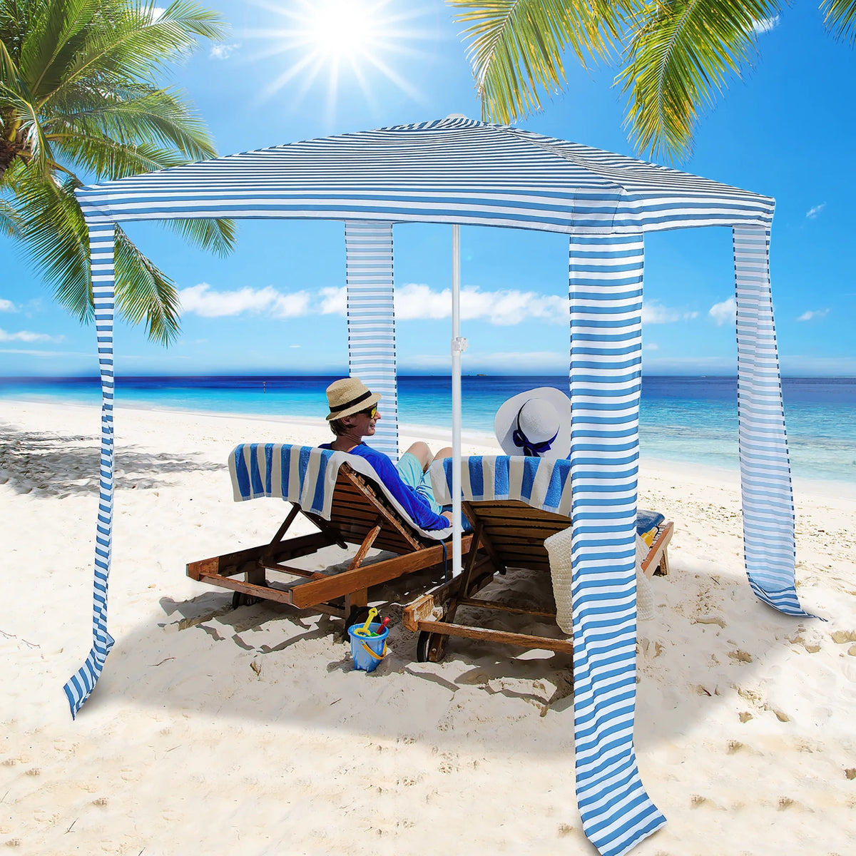 Costway 6.6' x 6.6' Foldable Beach Cabana Easy-Setup Beach Canopy W/ Carry Bag Blue