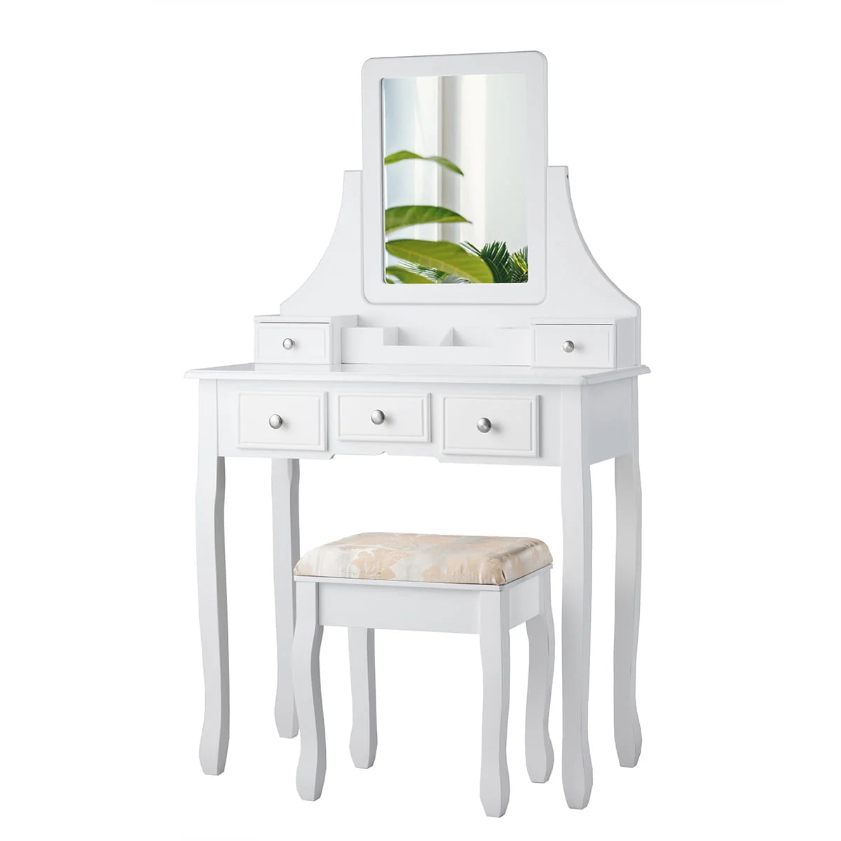 Gymax Vanity Set Makeup Dressing Table & Stool w/5 Drawers White