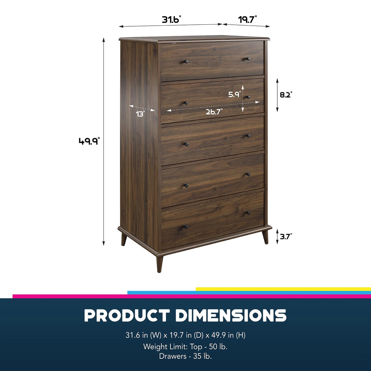 Ameriwood Home Farnsworth 5-Drawer Dresser, Walnut