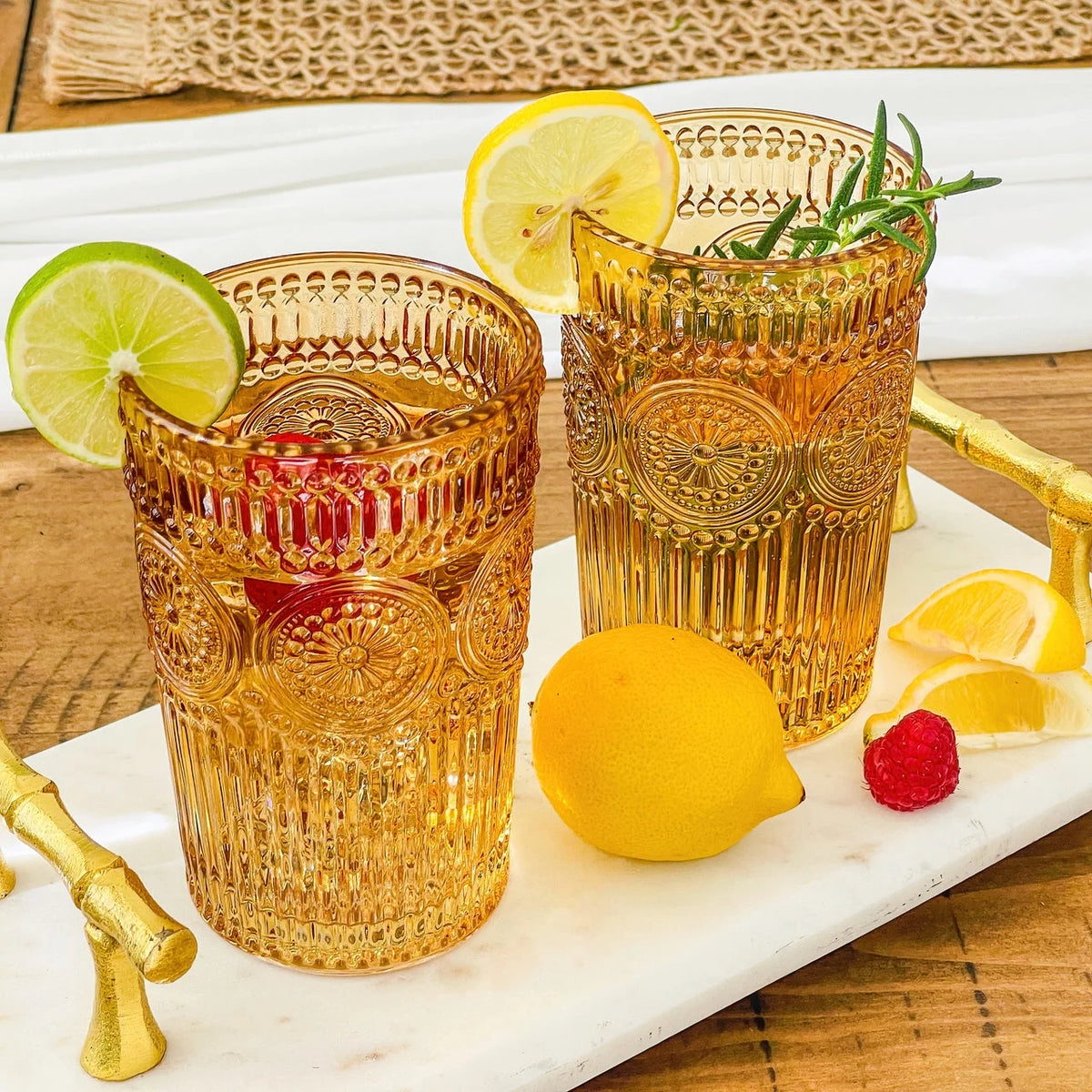 Vintage Textured Amber Striped Drinking Glasses Set of 24, (13 oz) Ribbed Glassware with Flower Design | Cocktail Set, Juice Glass, Water Tumbler