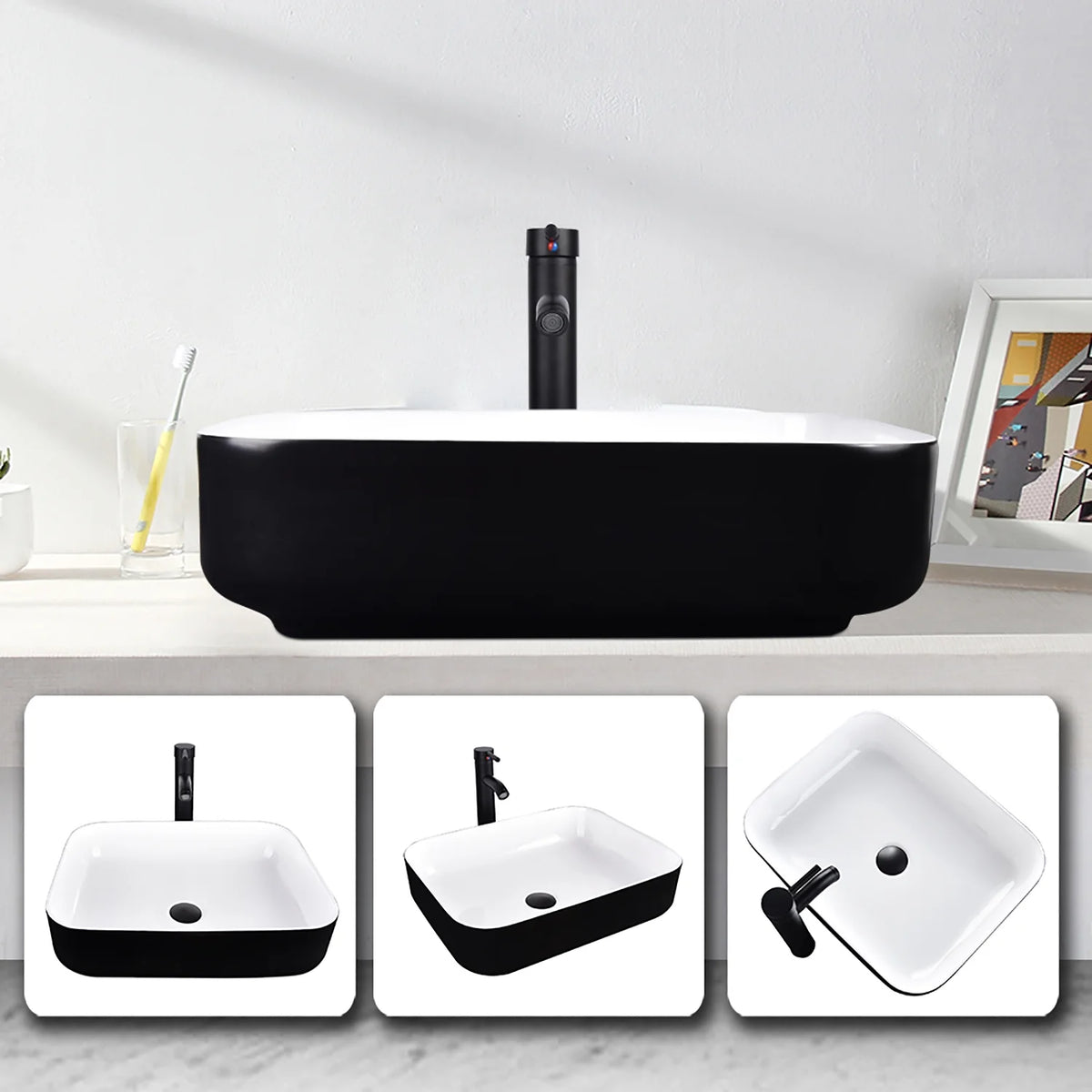 FULLWATT Bathroom Ceramic Sink Vanity Vessel Basin Porcelain Faucet Drain Combo Rectangle,White